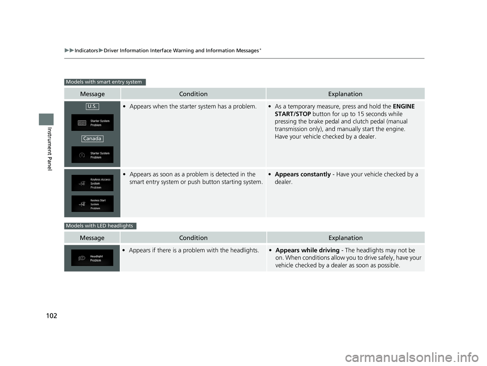 HONDA CIVIC SEDAN 2018 Owners Manual (in English) 102
uuIndicators uDriver Information Interface Wa rning and Information Messages*
Instrument Panel
MessageConditionExplanation
•Appears when the starter system has a problem.•As a temporary measur HONDA CIVIC SEDAN 2018 Owners Manual (in English) 102
uuIndicators uDriver Information Interface Wa rning and Information Messages*
Instrument Panel
MessageConditionExplanation
•Appears when the starter system has a problem.•As a temporary measur