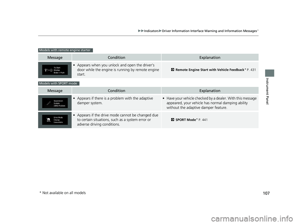 HONDA CIVIC SEDAN 2018 Owners Manual (in English) 107
uuIndicators uDriver Information Interface Wa rning and Information Messages*
Instrument Panel
MessageConditionExplanation
•Appears when you unlock and open the driver’s
door while the engine HONDA CIVIC SEDAN 2018 Owners Manual (in English) 107
uuIndicators uDriver Information Interface Wa rning and Information Messages*
Instrument Panel
MessageConditionExplanation
•Appears when you unlock and open the driver’s
door while the engine