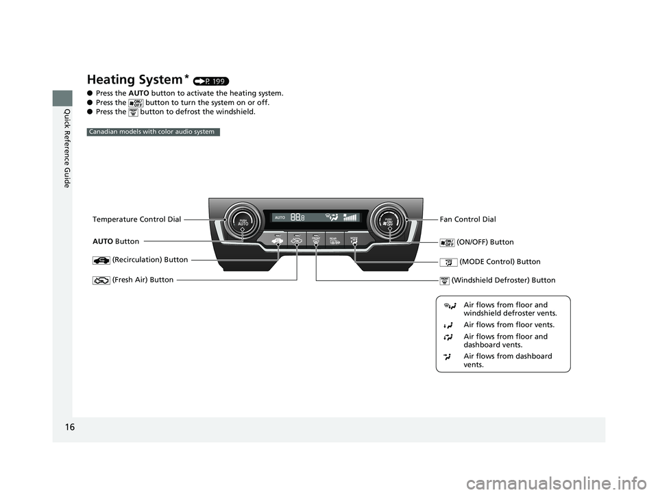 HONDA CIVIC SEDAN 2018  Owners Manual (in English) 16
Quick Reference Guide
Heating System* (P 199)
● Press the  AUTO button to activate  the heating system.
● Press the   button to turn the system on or off.
● Press the   button to  defrost the