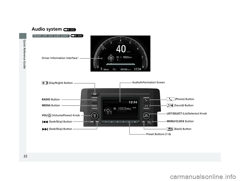 HONDA CIVIC SEDAN 2018 Owners Manual (in English) 22
Quick Reference Guide
Audio system (P 212)
(P 219)Models with color audio system
(Seek/Skip) Button
RADIO Button
Driver Information Interface*
(Day/Night) Button
MEDIA Button
Preset Buttons (1- HONDA CIVIC SEDAN 2018 Owners Manual (in English) 22
Quick Reference Guide
Audio system (P 212)
(P 219)Models with color audio system
(Seek/Skip) Button
RADIO Button
Driver Information Interface*
(Day/Night) Button
MEDIA Button
Preset Buttons (1-
