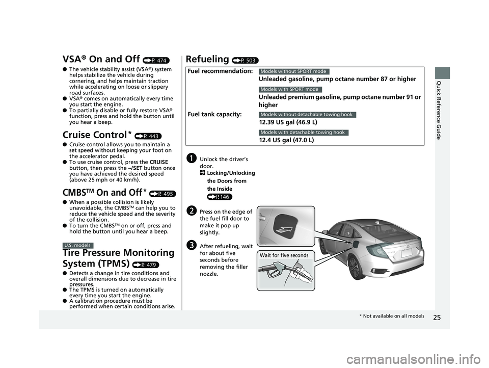 HONDA CIVIC SEDAN 2018  Owners Manual (in English) 25
Quick Reference Guide
VSA® On and Off (P 474)
● The vehicle stability assist (VSA ®) system 
helps stabilize the vehicle during 
cornering, and helps maintain traction 
while accelerating on lo