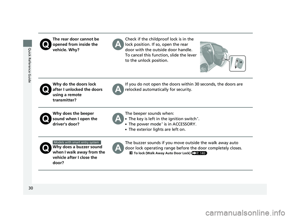 HONDA CIVIC SEDAN 2018  Owners Manual (in English) 30
Quick Reference Guide
The rear door cannot be 
opened from inside the 
vehicle. Why?Check if the childproof lock is in the 
lock position. If so, open the rear 
door with the outside door handle.
T