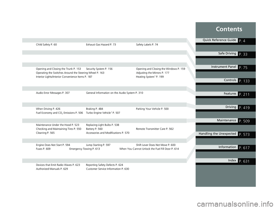 HONDA CIVIC SEDAN 2018 Owners Manual (in English) Contents
Child Safety P. 60Exhaust Gas Hazard P. 73Safety Labels P. 74
Opening and Closing the Trunk P. 153 Security System P. 156 Opening and Closing the Windows P. 159
Operating the Switches Around HONDA CIVIC SEDAN 2018 Owners Manual (in English) Contents
Child Safety P. 60Exhaust Gas Hazard P. 73Safety Labels P. 74
Opening and Closing the Trunk P. 153 Security System P. 156 Opening and Closing the Windows P. 159
Operating the Switches Around