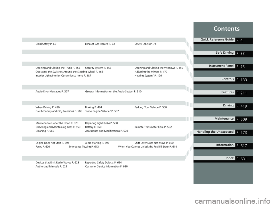 HONDA CIVIC SEDAN 2018  Owners Manual (in English) Contents
Child Safety P. 60Exhaust Gas Hazard P. 73Safety Labels P. 74
Opening and Closing the Trunk P. 153 Security System P. 156 Opening and Closing the Windows P. 159
Operating the Switches Around 