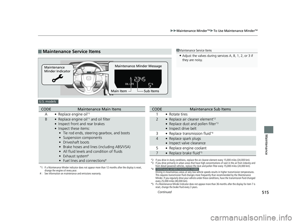 HONDA CIVIC SEDAN 2018  Owners Manual (in English) 515
uuMaintenance MinderTMuTo Use Maintenance MinderTM
Continued
Maintenance
■Maintenance Service Items1Maintenance Service Items
•Adjust the valves during services A, B, 1, 2, or 3 if 
they are n