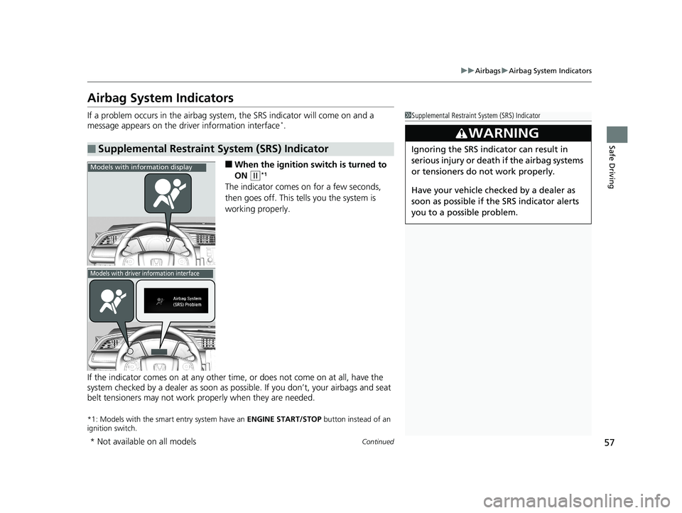 HONDA CIVIC SEDAN 2018  Owners Manual (in English) 57
uuAirbags uAirbag System Indicators
Continued
Safe Driving
Airbag System Indicators
If a problem occurs in the airbag system , the SRS indicator will come on and a 
message appears on the driver in