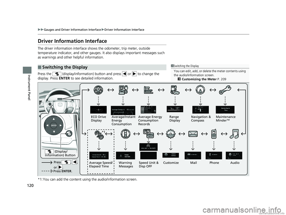 HONDA CLARITY ELECTRIC 2018 Owners Manual (in English) 120
uuGauges and Driver Information Interface uDriver Information Interface
Instrument Panel
Driver Information Interface
The driver information interface shows the odometer, trip meter, outside
temp HONDA CLARITY ELECTRIC 2018 Owners Manual (in English) 120
uuGauges and Driver Information Interface uDriver Information Interface
Instrument Panel
Driver Information Interface
The driver information interface shows the odometer, trip meter, outside
temp
