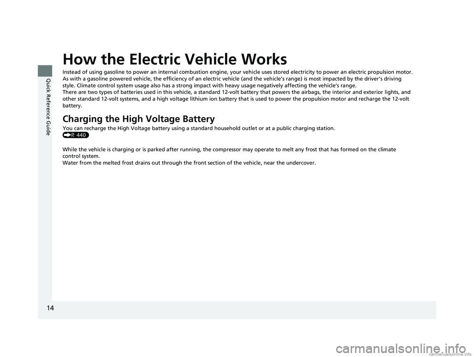 HONDA CLARITY ELECTRIC 2018 (in English) User Guide 14
Quick Reference Guide
How the Electric Vehicle Works
Instead of using gasoline to power an internal combustion engine, your vehicle uses stored electricity to power an electric pro pulsion motor.
A HONDA CLARITY ELECTRIC 2018 (in English) User Guide 14
Quick Reference Guide
How the Electric Vehicle Works
Instead of using gasoline to power an internal combustion engine, your vehicle uses stored electricity to power an electric pro pulsion motor.
A