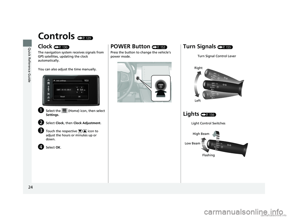 HONDA CLARITY ELECTRIC 2018  Owners Manual (in English) 24
Quick Reference Guide
Controls (P 129)
Clock (P 130)
The navigation system receives signals from 
GPS satellites, updating the clock 
automatically.
You can also adjust the time manually.
aSelect t