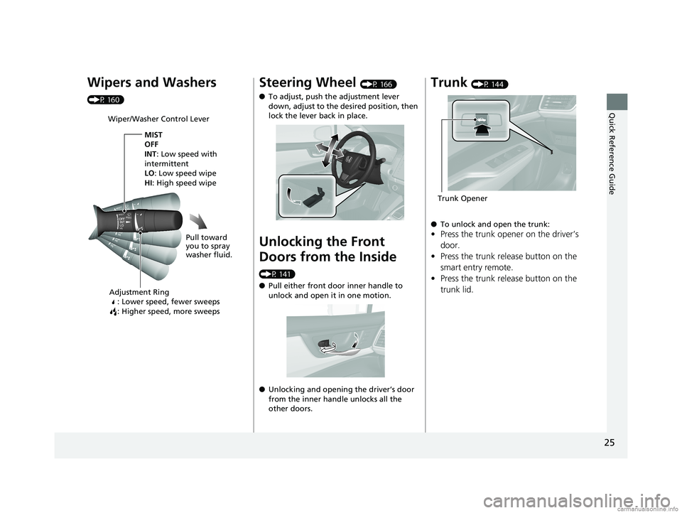 HONDA CLARITY ELECTRIC 2018   (in English) Owners Guide 25
Quick Reference Guide
Wipers and Washers 
(P 160)
Wiper/Washer Control LeverAdjustment Ring : Lower speed, fewer sweeps
: Higher speed, more sweeps
MIST
OFF
INT: Low speed with 
intermittent
LO : L