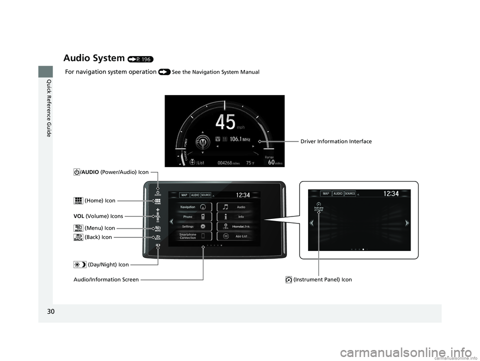 HONDA CLARITY ELECTRIC 2018 (in English) Owners Guide 30
Quick Reference Guide
Audio System (P 196)
For navigation system operation () See the Navigation System Manual
(Menu) Icon
VOL (Volume) Icons
(Home) Icon
(Back) Icon
Audio/Information Screen /A HONDA CLARITY ELECTRIC 2018 (in English) Owners Guide 30
Quick Reference Guide
Audio System (P 196)
For navigation system operation () See the Navigation System Manual
(Menu) Icon
VOL (Volume) Icons
(Home) Icon
(Back) Icon
Audio/Information Screen /A