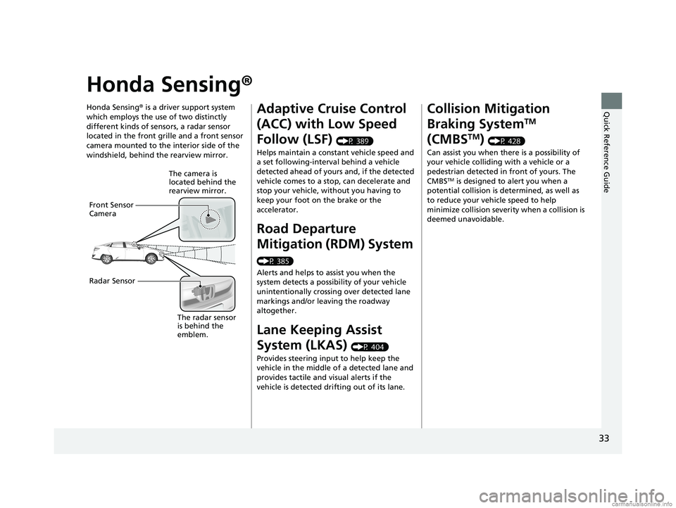 HONDA CLARITY ELECTRIC 2018  Owners Manual (in English) 33
Quick Reference Guide
Honda Sensing®
Honda Sensing® is a driver support system 
which employs the use of two distinctly 
different kinds of sensors, a radar sensor 
located in the front grille an