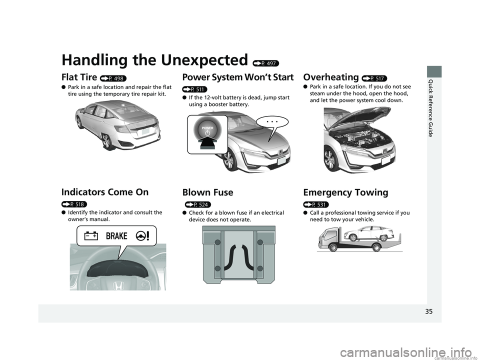 HONDA CLARITY ELECTRIC 2018  Owners Manual (in English) Quick Reference Guide
35
Handling the Unexpected (P 497)
Flat Tire (P 498)
● Park in a safe location and repair the flat 
tire using the temporary tire repair kit.
Indicators Come On 
(P 518)
●Ide