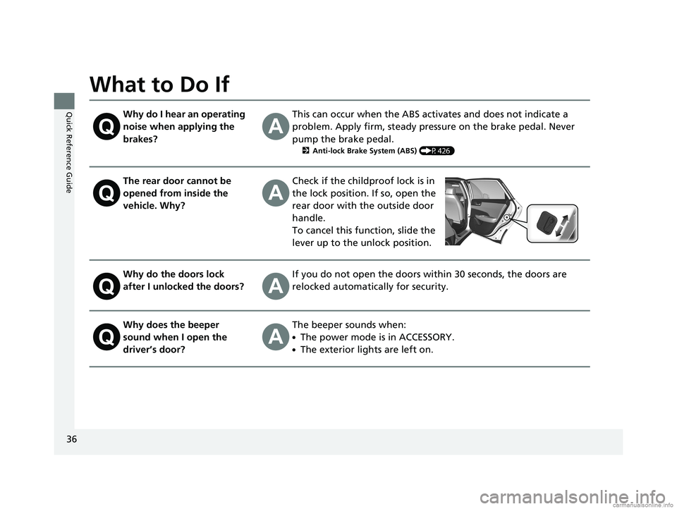 HONDA CLARITY ELECTRIC 2018  Owners Manual (in English) 36
Quick Reference Guide
What to Do If
Why do I hear an operating 
noise when applying the 
brakes?This can occur when the ABS activates and does not indicate a 
problem. Apply firm, steady pressure o
