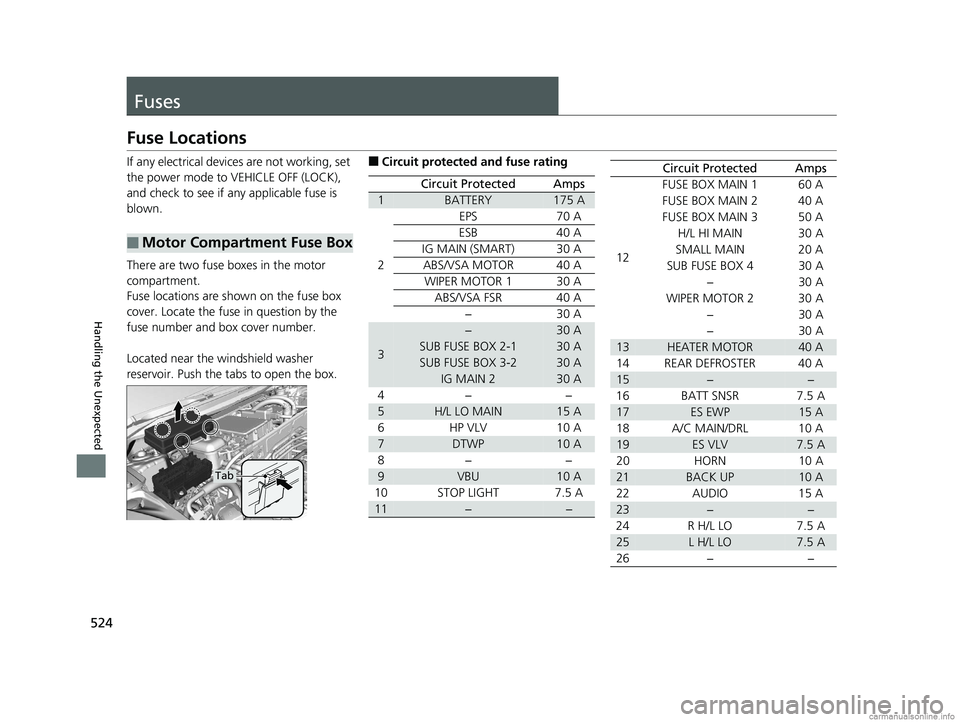 HONDA CLARITY ELECTRIC 2018 Owners Manual (in English) 524
Handling the Unexpected
Fuses
Fuse Locations
If any electrical devices are not working, set
the power mode to VEHICLE OFF (LOCK),
and check to see if any applicable fuse is
blown.
There are two HONDA CLARITY ELECTRIC 2018 Owners Manual (in English) 524
Handling the Unexpected
Fuses
Fuse Locations
If any electrical devices are not working, set
the power mode to VEHICLE OFF (LOCK),
and check to see if any applicable fuse is
blown.
There are two