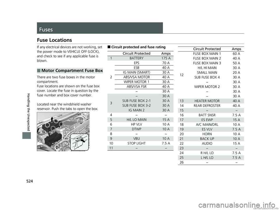 HONDA CLARITY ELECTRIC 2018  Owners Manual (in English) 524
Handling the Unexpected
Fuses
Fuse Locations
If any electrical devices are not working, set 
the power mode to VEHICLE OFF (LOCK), 
and check to see if any applicable fuse is 
blown.
There are two
