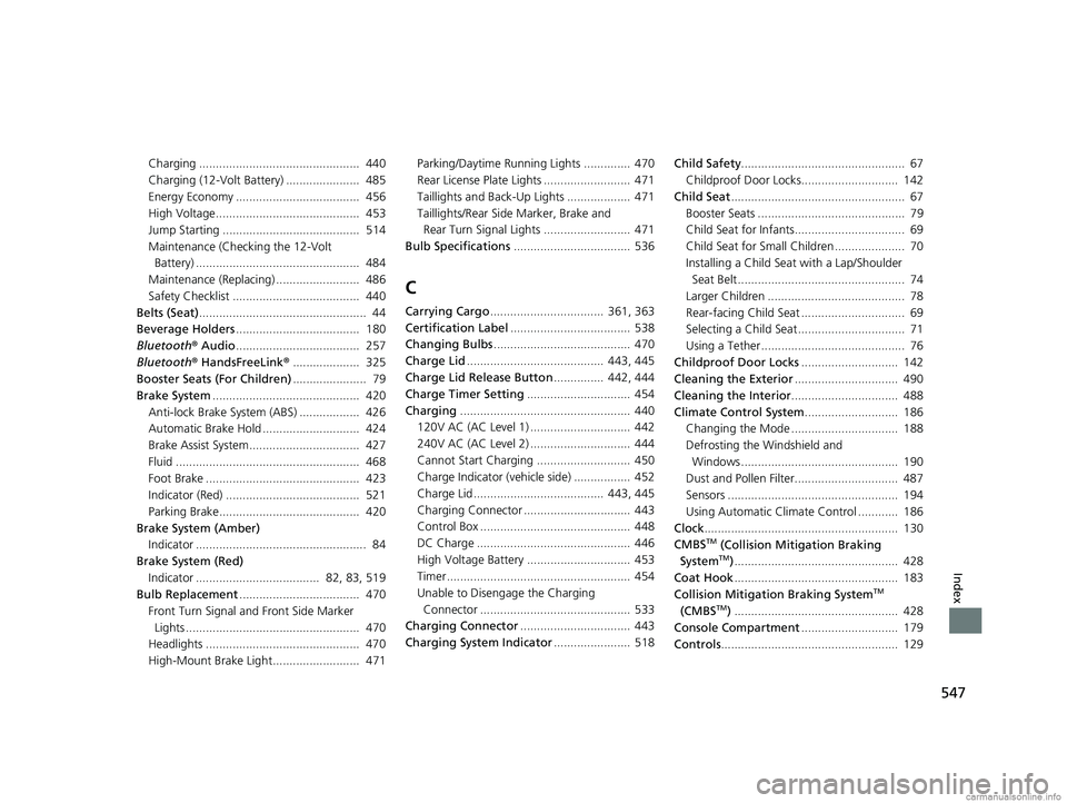 HONDA CLARITY ELECTRIC 2018  Owners Manual (in English) 547
Index
Charging ................................................  440
Charging (12-Volt Battery) ......................  485
Energy Economy .....................................  456
High Voltage..