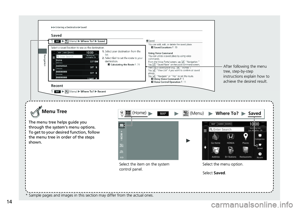 HONDA CLARITY ELECTRIC 2018 Navigation Manual (in English) 14
Select the item on the system
control panel.
Menu Tree
The menu tree helps guide you
through the system’s menu options.
To get to your desired function, follow
the menu tree in order of the st HONDA CLARITY ELECTRIC 2018 Navigation Manual (in English) 14
Select the item on the system
control panel.
Menu Tree
The menu tree helps guide you
through the system’s menu options.
To get to your desired function, follow
the menu tree in order of the st
