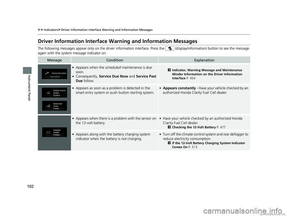 HONDA CLARITY FUEL CELL 2018 Owners Manual (in English) 102
uuIndicators uDriver Information Interface Wa rning and Information Messages
Instrument Panel
Driver Information Interface Warning and Information Messages
The following messages appear only on th HONDA CLARITY FUEL CELL 2018 Owners Manual (in English) 102
uuIndicators uDriver Information Interface Wa rning and Information Messages
Instrument Panel
Driver Information Interface Warning and Information Messages
The following messages appear only on th