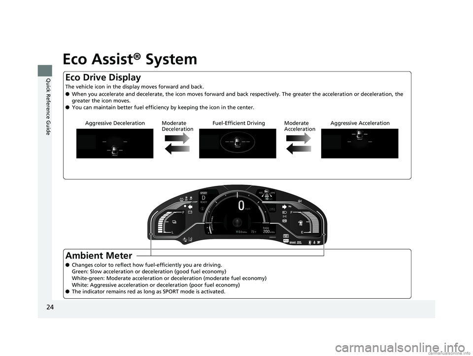 HONDA CLARITY FUEL CELL 2018 (in English) Owners Guide 24
Quick Reference Guide
Eco Assist® System
Aggressive Deceleration Moderate
DecelerationFuel-Efficient Driving Moderate
AccelerationAggressive Acceleration
Ambient Meter
●
Changes color to refle HONDA CLARITY FUEL CELL 2018 (in English) Owners Guide 24
Quick Reference Guide
Eco Assist® System
Aggressive Deceleration Moderate
DecelerationFuel-Efficient Driving Moderate
AccelerationAggressive Acceleration
Ambient Meter
●
Changes color to refle