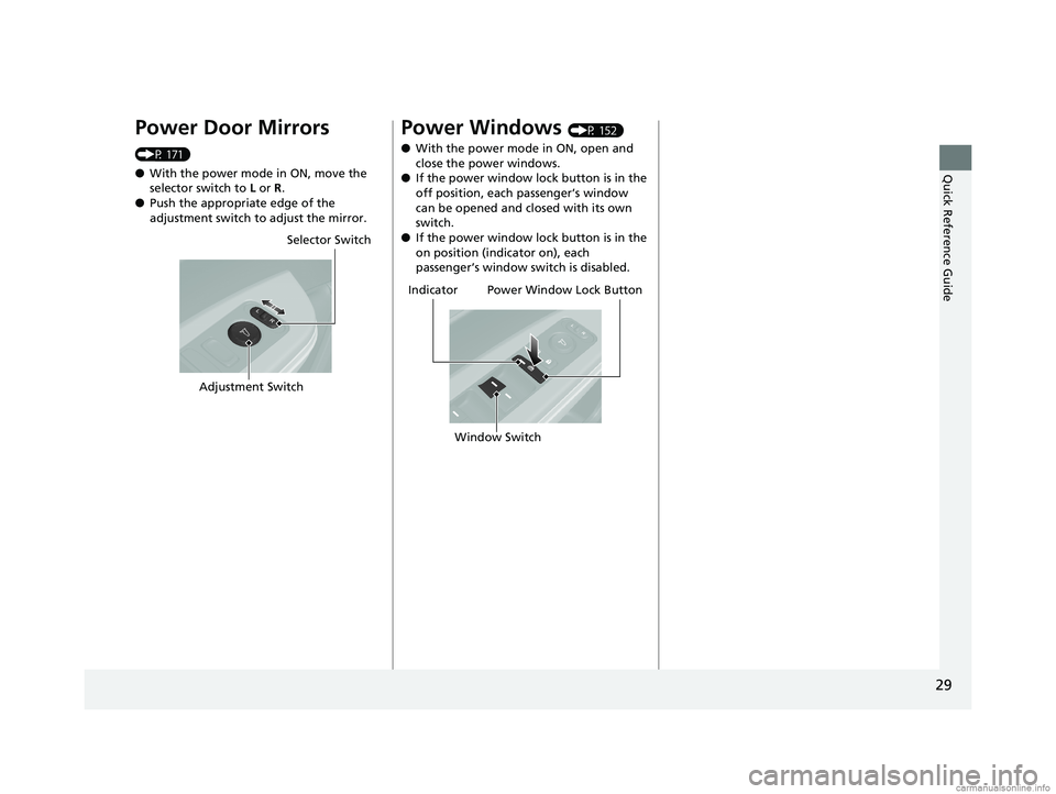 HONDA CLARITY FUEL CELL 2018  Owners Manual (in English) 29
Quick Reference Guide
Power Door Mirrors 
(P 171)
●With the power mode in ON, move the 
selector switch to  L or R .
● Push the appropriate edge of the 
adjustment switch to adjust the mirror.
