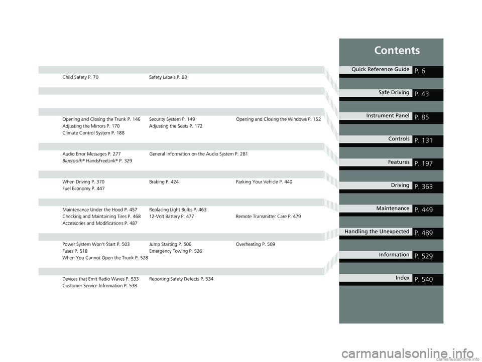 HONDA CLARITY FUEL CELL 2018 Owners Manual (in English) Contents
Child Safety P. 70Safety Labels P. 83
Opening and Closing the Trunk P. 146 Security System P. 149 Opening and Closing the Windows P. 152
Adjusting the Mirrors P. 170 Adjusting the Seats P. 17 HONDA CLARITY FUEL CELL 2018 Owners Manual (in English) Contents
Child Safety P. 70Safety Labels P. 83
Opening and Closing the Trunk P. 146 Security System P. 149 Opening and Closing the Windows P. 152
Adjusting the Mirrors P. 170 Adjusting the Seats P. 17