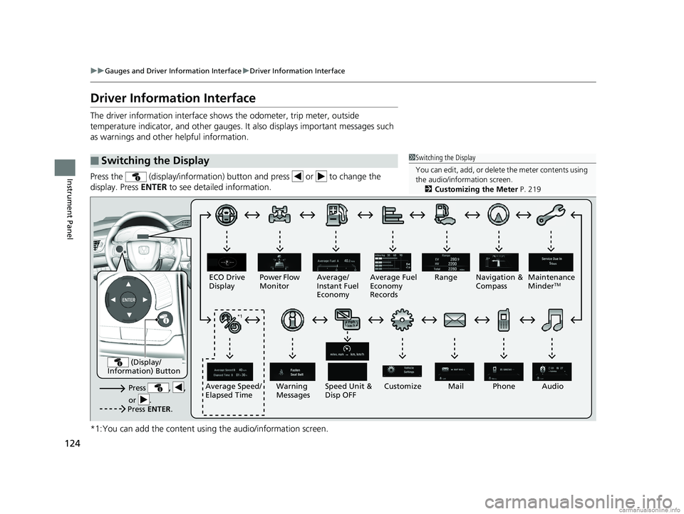 HONDA CLARITY PLUG-IN 2018 Owners Manual (in English) 124
uuGauges and Driver Information Interface uDriver Information Interface
Instrument Panel
Driver Information Interface
The driver information interface shows the odometer, trip meter, outside
temp HONDA CLARITY PLUG-IN 2018 Owners Manual (in English) 124
uuGauges and Driver Information Interface uDriver Information Interface
Instrument Panel
Driver Information Interface
The driver information interface shows the odometer, trip meter, outside
temp