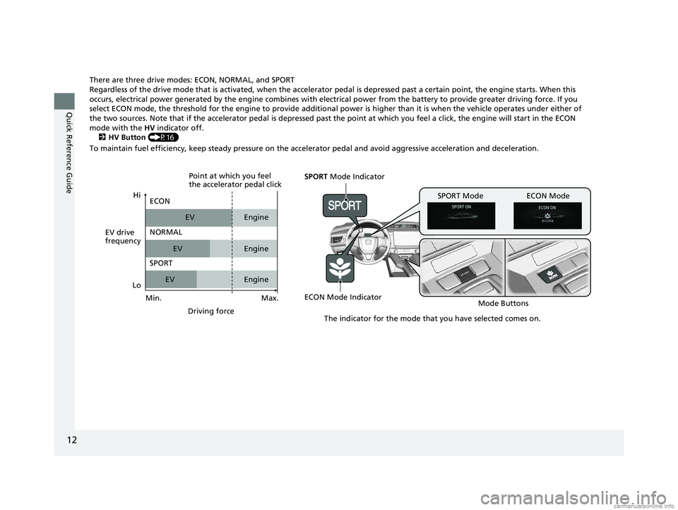HONDA CLARITY PLUG-IN 2018 Owners Manual (in English) 12
Quick Reference Guide
There are three drive modes: ECON, NORMAL, and SPORT
Regardless of the drive mode that is activated, when the accelerator pedal is depressed past a certain point, the engine s HONDA CLARITY PLUG-IN 2018 Owners Manual (in English) 12
Quick Reference Guide
There are three drive modes: ECON, NORMAL, and SPORT
Regardless of the drive mode that is activated, when the accelerator pedal is depressed past a certain point, the engine s