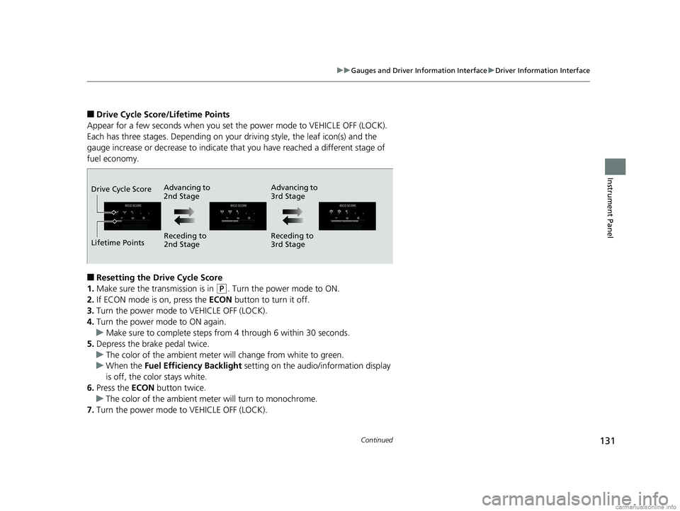 HONDA CLARITY PLUG-IN 2018 Owners Manual (in English) 131
uuGauges and Driver Information Interface uDriver Information Interface
Continued
Instrument Panel
■Drive Cycle Score/Lifetime Points
Appear for a few seconds when you set the power mode to VEH HONDA CLARITY PLUG-IN 2018 Owners Manual (in English) 131
uuGauges and Driver Information Interface uDriver Information Interface
Continued
Instrument Panel
■Drive Cycle Score/Lifetime Points
Appear for a few seconds when you set the power mode to VEH