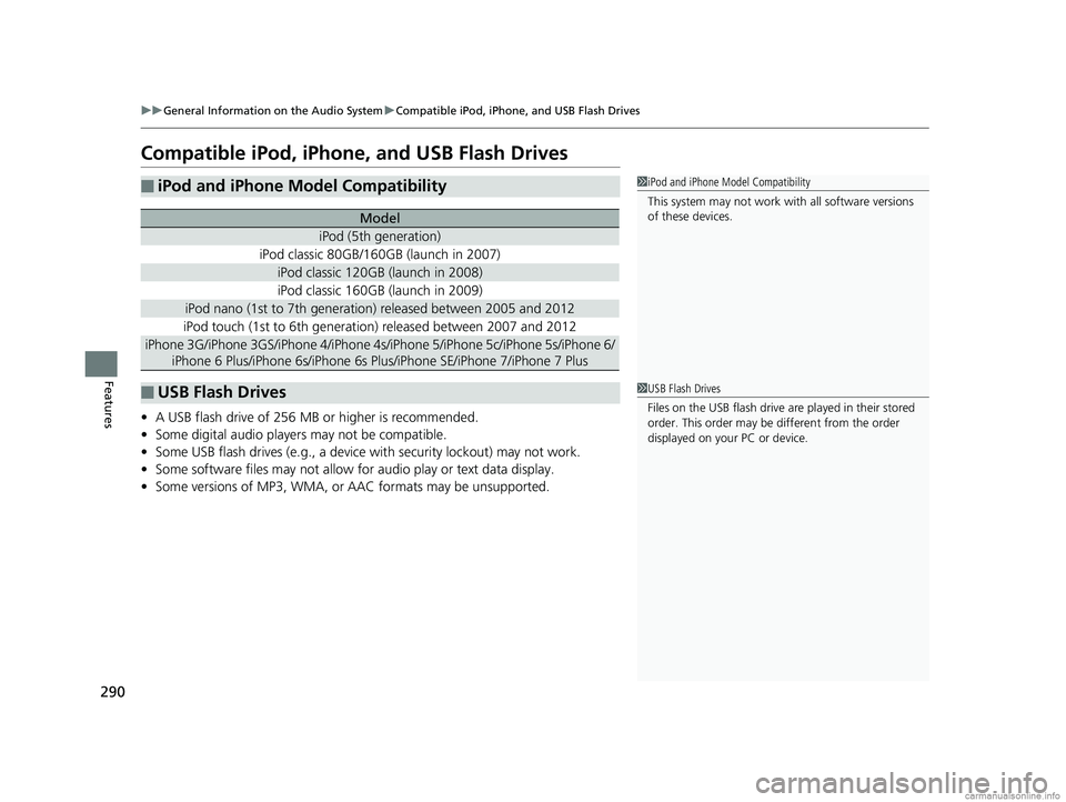HONDA CLARITY PLUG-IN 2018  Owners Manual (in English) 290
uuGeneral Information on the Audio System uCompatible iPod, iPhone, and USB Flash Drives
Features
Compatible iPod, iPhone, and USB Flash Drives
• A USB flash drive of 256 MB or higher is recomme