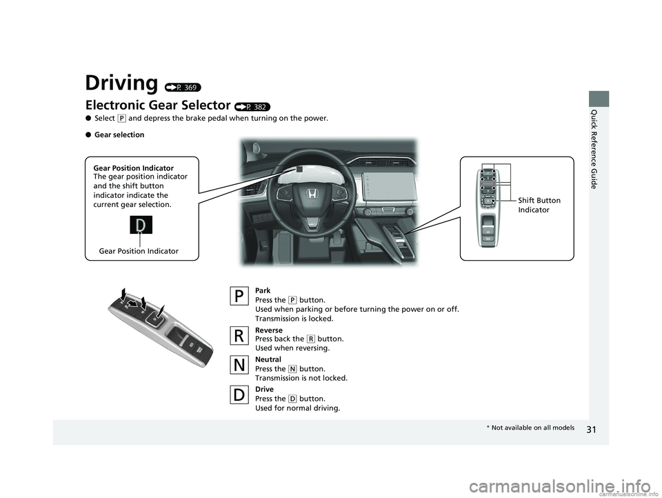 HONDA CLARITY PLUG-IN 2018   (in English) Owners Guide 31
Quick Reference Guide
Driving (P 369)
Electronic Gear Selector (P 382)
● Select 
(P and depress the brake pedal when turning on the power.
Park
Press the 
(P button.
Used when parking or before t