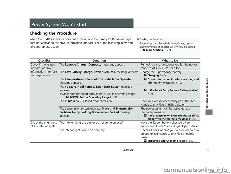 HONDA CLARITY PLUG-IN 2018 Owners Manual (in English) 535Continued
Handling the Unexpected
Power System Won’t Start
Checking the Procedure
When the READY indicator does not come on and the Ready To Drive message
does not appear on the driver informat HONDA CLARITY PLUG-IN 2018 Owners Manual (in English) 535Continued
Handling the Unexpected
Power System Won’t Start
Checking the Procedure
When the READY indicator does not come on and the Ready To Drive message
does not appear on the driver informat