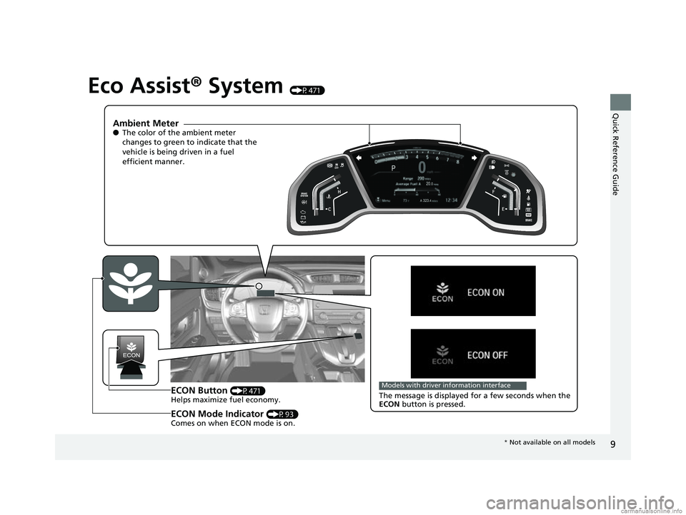 HONDA CR-V 2018   (in English) User Guide 9
Quick Reference Guide
Eco Assist® System (P471)
Ambient Meter●The color of the ambient meter 
changes to green to indicate that the 
vehicle is being driven in a fuel 
efficient manner.
ECON Butt