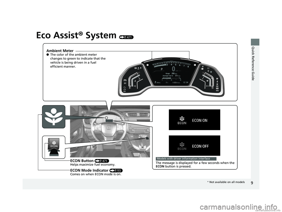 HONDA CR-V 2018 Owners Manual (in English) 9
Quick Reference Guide
Eco Assist® System (P471)
Ambient Meter●The color of the ambient meter
changes to green to indicate that the
vehicle is being driven in a fuel
efficient manner.
ECON Butt HONDA CR-V 2018 Owners Manual (in English) 9
Quick Reference Guide
Eco Assist® System (P471)
Ambient Meter●The color of the ambient meter
changes to green to indicate that the
vehicle is being driven in a fuel
efficient manner.
ECON Butt