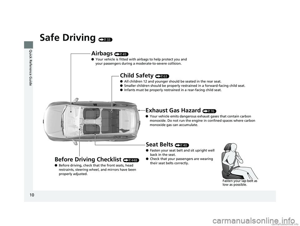 HONDA CR-V 2018  Owners Manual (in English) 10
Quick Reference Guide
Safe Driving (P33)
Airbags (P49)
● Your vehicle is fitted with ai rbags to help protect you and 
your passengers during a moderate-to-severe collision.
Child Safety (P63)
�