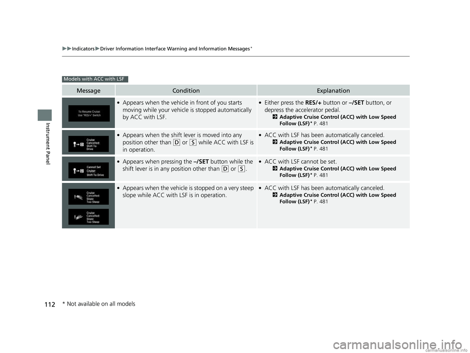 HONDA CR-V 2018 Owners Manual (in English) 112
uuIndicators uDriver Information Interface Wa rning and Information Messages*
Instrument Panel
MessageConditionExplanation
●Appears when the vehicle in front of you starts
moving while your veh HONDA CR-V 2018 Owners Manual (in English) 112
uuIndicators uDriver Information Interface Wa rning and Information Messages*
Instrument Panel
MessageConditionExplanation
●Appears when the vehicle in front of you starts
moving while your veh