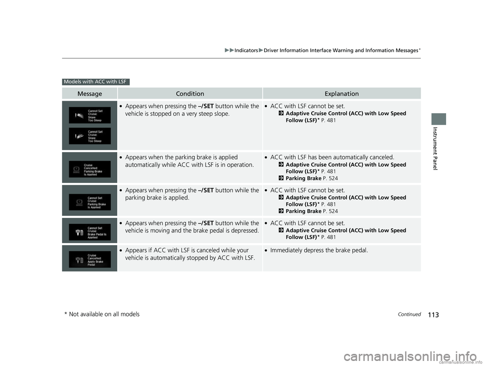 HONDA CR-V 2018 Owners Manual (in English) 113
uuIndicators uDriver Information Interface Wa rning and Information Messages*
Continued
Instrument Panel
MessageConditionExplanation
●Appears when pressing the –/SET button while the
vehicle HONDA CR-V 2018 Owners Manual (in English) 113
uuIndicators uDriver Information Interface Wa rning and Information Messages*
Continued
Instrument Panel
MessageConditionExplanation
●Appears when pressing the –/SET button while the
vehicle