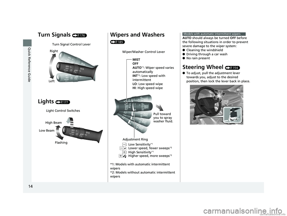 HONDA CR-V 2018  Owners Manual (in English) 14
Quick Reference Guide
Turn Signals (P176)
Lights (P177)
Turn Signal Control Lever
Right
Left
Light Control Switches
Low Beam High Beam
Flashing
Wipers and Washers 
(P185)
*1: Models with automatic 