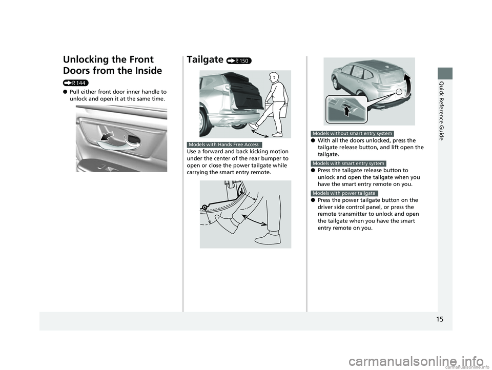 HONDA CR-V 2018  Owners Manual (in English) 15
Quick Reference Guide
Unlocking the Front 
Doors from the Inside 
(P144)
●Pull either front door inner handle to 
unlock and open it at the same time.
Tailgate (P150)
Use a forward and back kicki