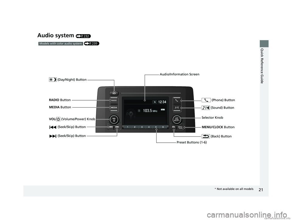 HONDA CR-V 2018 Owners Manual (in English) 21
Quick Reference Guide
Audio system (P232)
(P239)Models with color audio system
(Seek/Skip) Button
RADIO Button
(Day/Night) Button
MEDIA Button
Preset Buttons (1-6)
(Seek/Skip) Button
VOL
/ (V HONDA CR-V 2018 Owners Manual (in English) 21
Quick Reference Guide
Audio system (P232)
(P239)Models with color audio system
(Seek/Skip) Button
RADIO Button
(Day/Night) Button
MEDIA Button
Preset Buttons (1-6)
(Seek/Skip) Button
VOL
/ (V