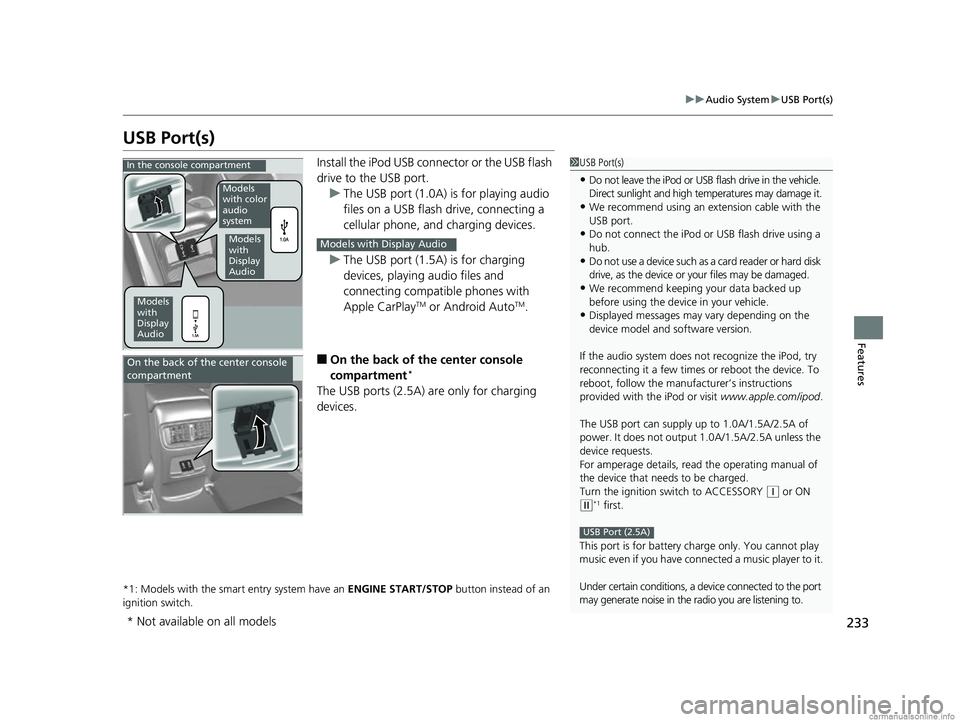 HONDA CR-V 2018 Owners Manual (in English) 233
uuAudio System uUSB Port(s)
Features
USB Port(s)
Install the iPod USB connector or the USB flash
drive to the USB port.
u The USB port (1.0A) is for playing audio
files on a USB flash drive, con HONDA CR-V 2018 Owners Manual (in English) 233
uuAudio System uUSB Port(s)
Features
USB Port(s)
Install the iPod USB connector or the USB flash
drive to the USB port.
u The USB port (1.0A) is for playing audio
files on a USB flash drive, con