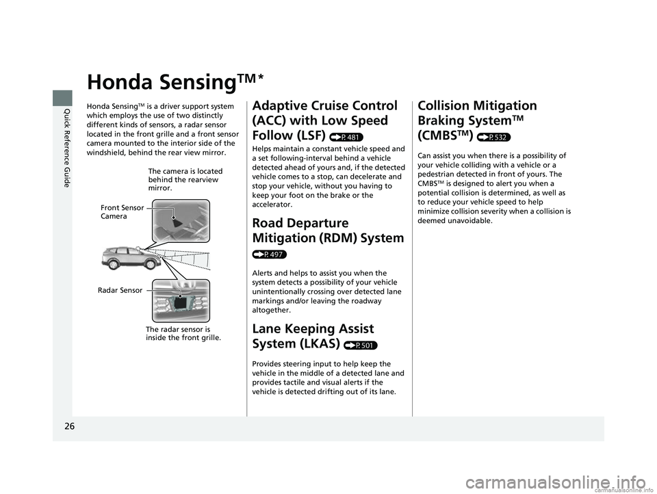 HONDA CR-V 2018   (in English) Owners Guide 26
Quick Reference Guide
Honda SensingTM *
Honda SensingTM is a driver support system 
which employs the use of two distinctly 
different kinds of sensors, a radar sensor 
located in the front grille 