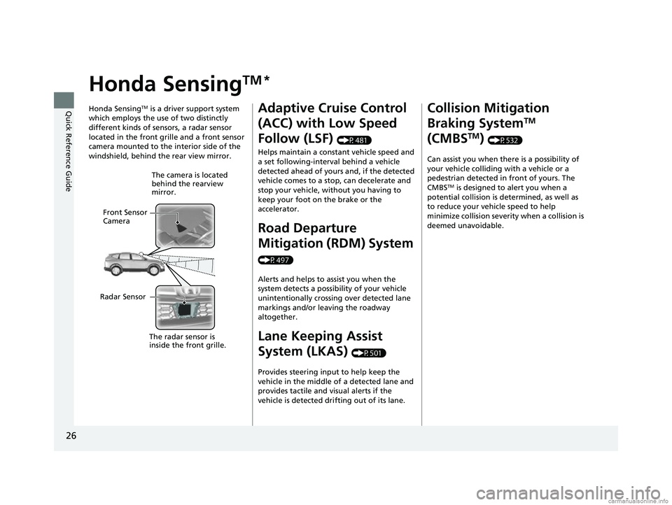 HONDA CR-V 2018 Owners Manual (in English) 26
Quick Reference Guide
Honda SensingTM *
Honda SensingTM is a driver support system
which employs the use of two distinctly
different kinds of sensors, a radar sensor
located in the front grille HONDA CR-V 2018 Owners Manual (in English) 26
Quick Reference Guide
Honda SensingTM *
Honda SensingTM is a driver support system
which employs the use of two distinctly
different kinds of sensors, a radar sensor
located in the front grille
