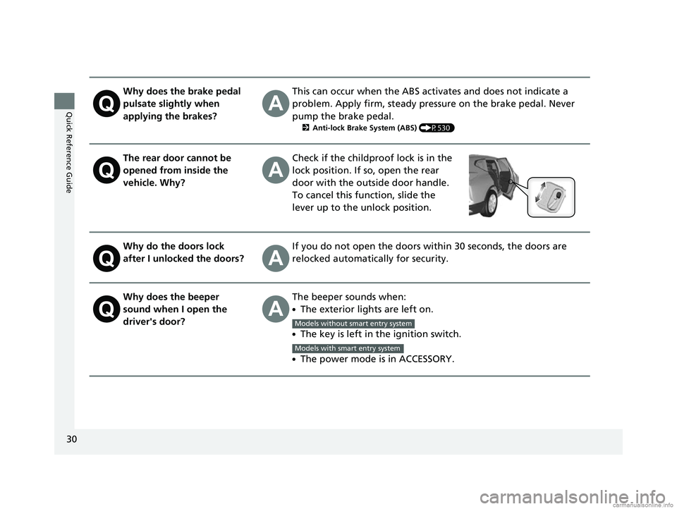 HONDA CR-V 2018 Owners Manual (in English) 30
Quick Reference Guide
Why does the brake pedal
pulsate slightly when
applying the brakes?This can occur when the ABS activates and does not indicate a
problem. Apply firm, steady pressure on the HONDA CR-V 2018 Owners Manual (in English) 30
Quick Reference Guide
Why does the brake pedal
pulsate slightly when
applying the brakes?This can occur when the ABS activates and does not indicate a
problem. Apply firm, steady pressure on the