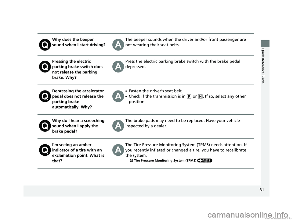 HONDA CR-V 2018 Owners Manual (in English) 31
Quick Reference Guide
Why does the beeper
sound when I start driving?The beeper sounds when the driver and/or front passenger are
not wearing their seat belts.
Pressing the electric
parking brak HONDA CR-V 2018 Owners Manual (in English) 31
Quick Reference Guide
Why does the beeper
sound when I start driving?The beeper sounds when the driver and/or front passenger are
not wearing their seat belts.
Pressing the electric
parking brak