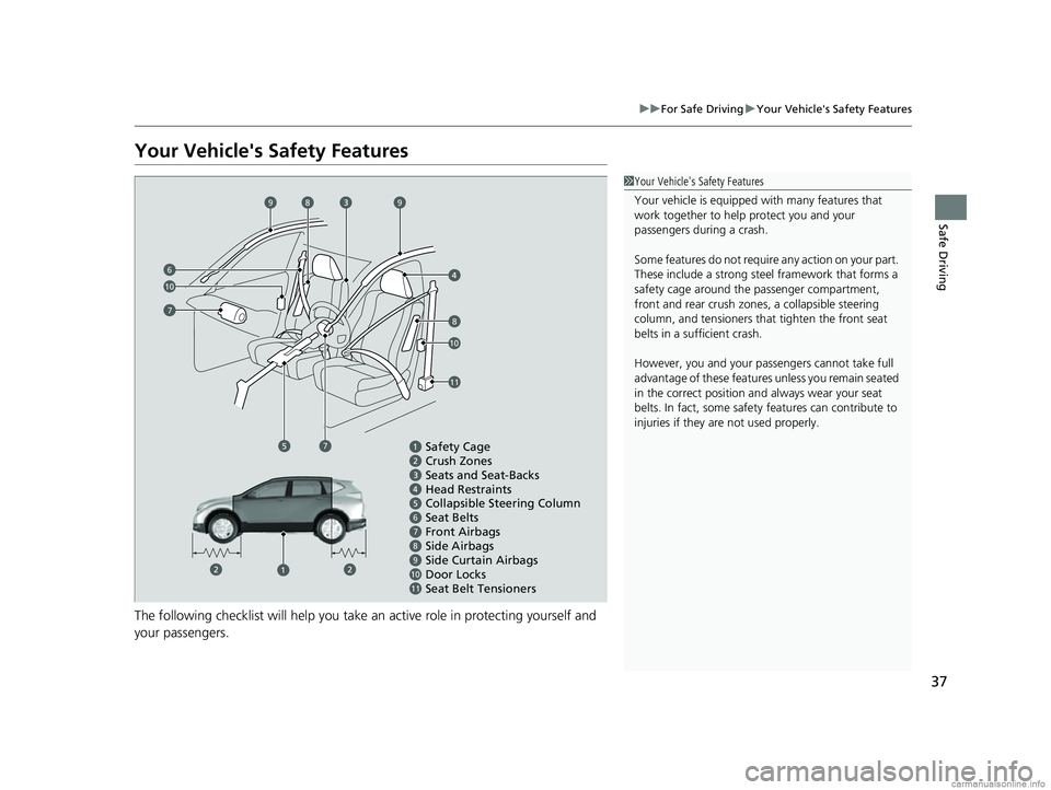 HONDA CR-V 2018  Owners Manual (in English) 37
uuFor Safe Driving uYour Vehicle's Safety Features
Safe Driving
Your Vehicle's Safety Features
The following checklist will help you take an active role in protecting yourself and 
your pas