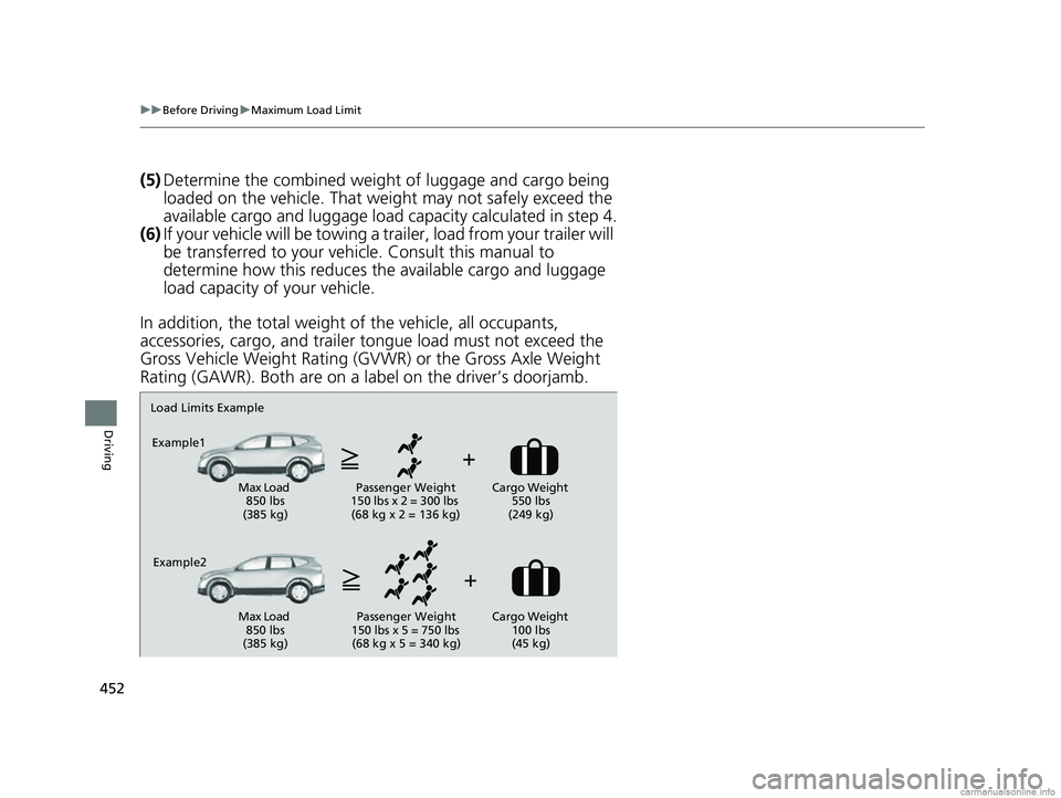 HONDA CR-V 2018 Owners Manual (in English) 452
uuBefore Driving uMaximum Load Limit
Driving
(5) Determine the combined weight of luggage and cargo being
loaded on the vehicle. That we ight may not safely exceed the
available cargo and lugga HONDA CR-V 2018 Owners Manual (in English) 452
uuBefore Driving uMaximum Load Limit
Driving
(5) Determine the combined weight of luggage and cargo being
loaded on the vehicle. That we ight may not safely exceed the
available cargo and lugga
