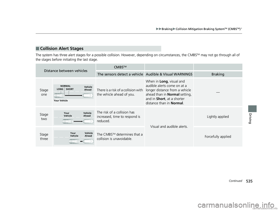 HONDA CR-V 2018 (in English) Workshop Manual 535
uuBraking uCollision Mitigation Braking SystemTM (CMBSTM)*
Continued
Driving
The system has three alert stages for a possible collis ion. However, depending on circumstances, the CMBSTM may not go HONDA CR-V 2018 (in English) Workshop Manual 535
uuBraking uCollision Mitigation Braking SystemTM (CMBSTM)*
Continued
Driving
The system has three alert stages for a possible collis ion. However, depending on circumstances, the CMBSTM may not go