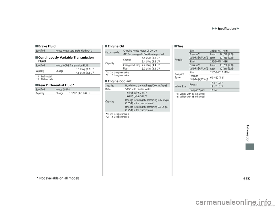 HONDA CR-V 2018  Owners Manual (in English) 653
uuSpecifications u
Information
■Brake Fluid
■ Continuously Variable Transmission 
Fluid
*1: 2WD models
*2: AWD models
■Rear Differential Fluid*
SpecifiedHonda Heavy Duty Brake Fluid DOT 3
Sp