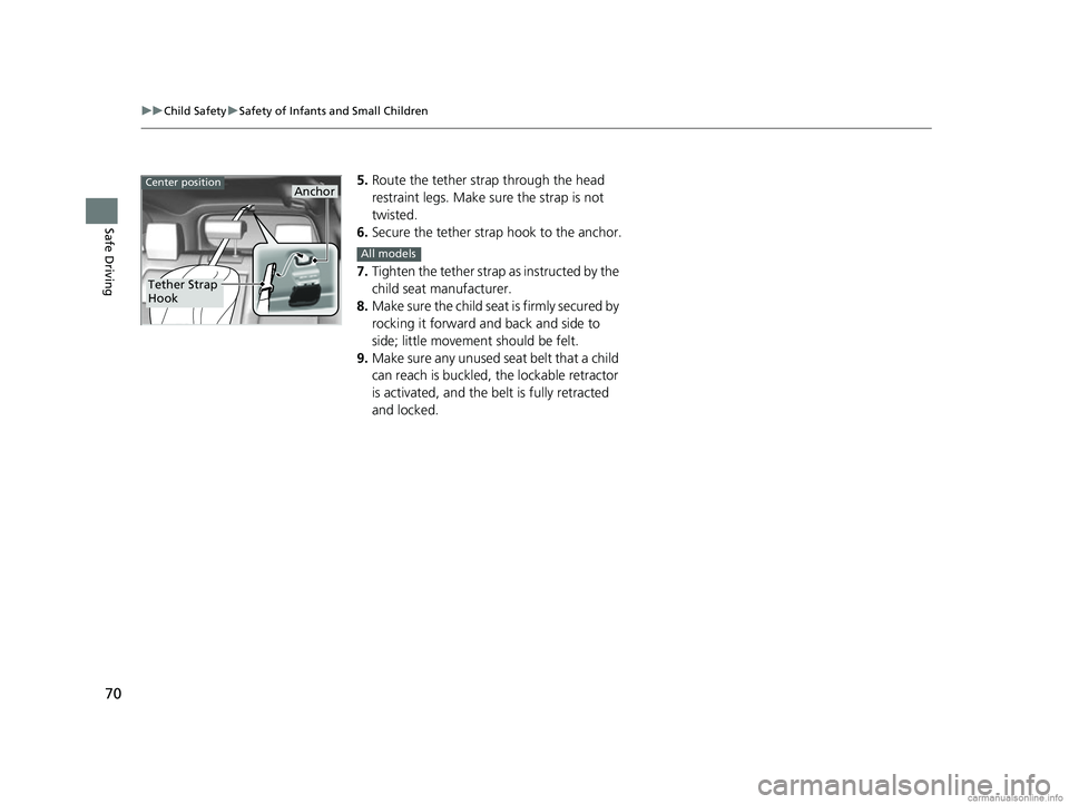 HONDA CR-V 2018 (in English) Manual PDF 70
uuChild Safety uSafety of Infants and Small Children
Safe Driving
5. Route the tether strap through the head
restraint legs. Make sure the strap is not
twisted.
6. Secure the tether strap hook to HONDA CR-V 2018 (in English) Manual PDF 70
uuChild Safety uSafety of Infants and Small Children
Safe Driving
5. Route the tether strap through the head
restraint legs. Make sure the strap is not
twisted.
6. Secure the tether strap hook to